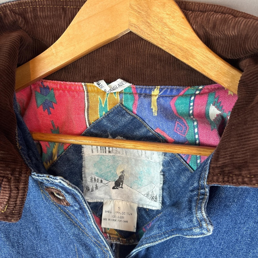 Vintage Timberwolf Denim Overcoat Womens Small Blue Aztec Corduroy Collar Long - Picture 3 of 10